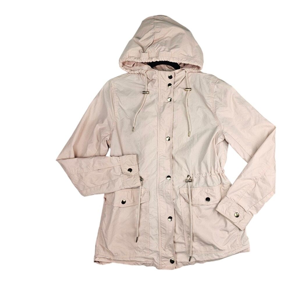 Forever 21 Utility Jacket Womens Medium Light Pink Hooded Anorak Cinch Waist